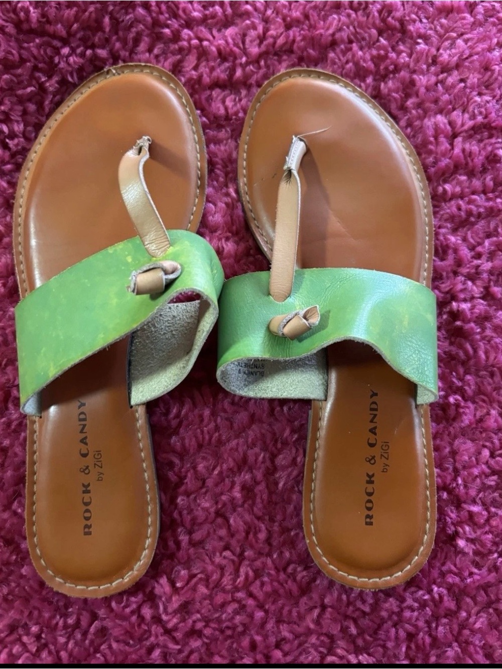 Rock & Candy Green and Tan Leather Toe-Loop Sandals